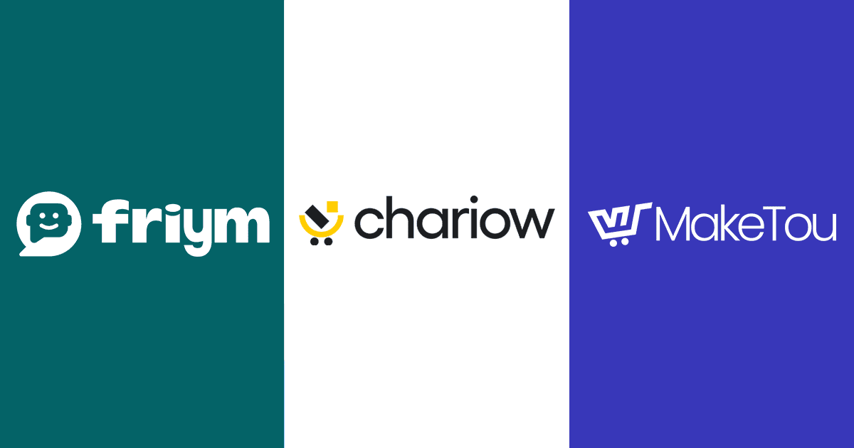 Les logos de Friym, Chariow et MakeTou côte à côte