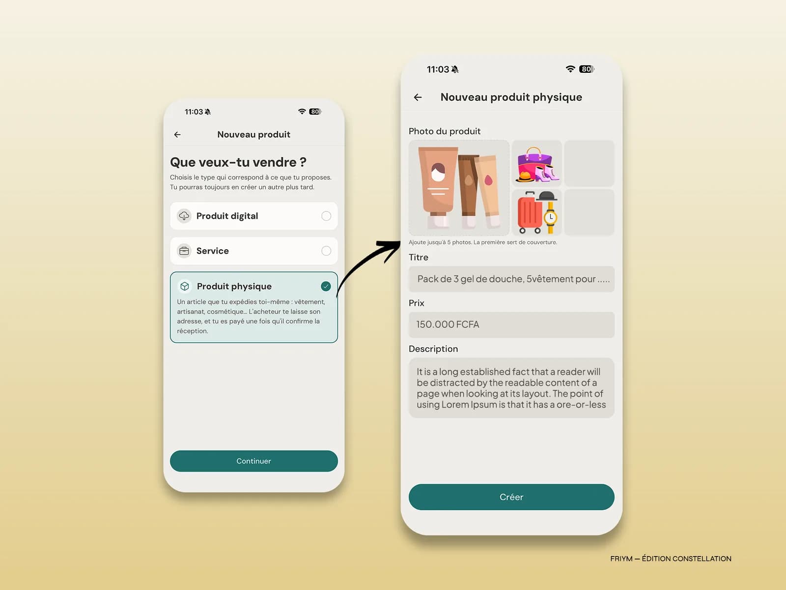 Création d'un produit physique avec ses photos dans Friym