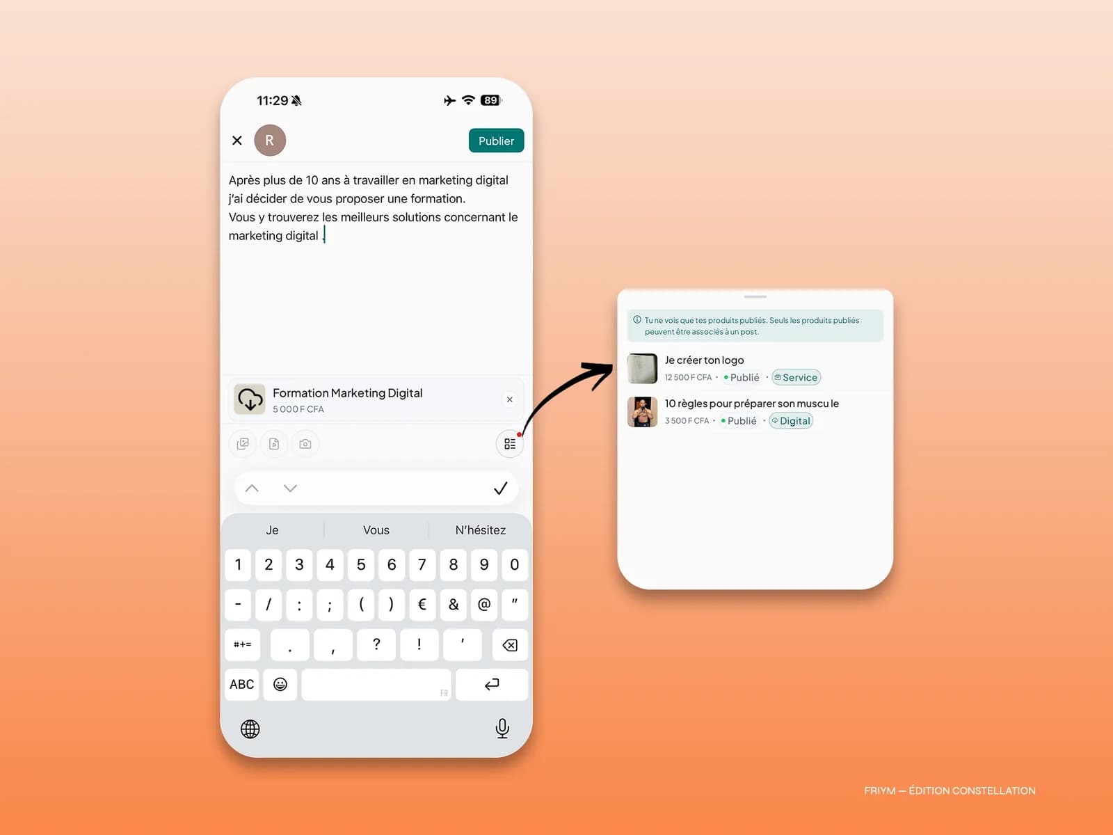 Écran de création d'un post-produit dans Friym