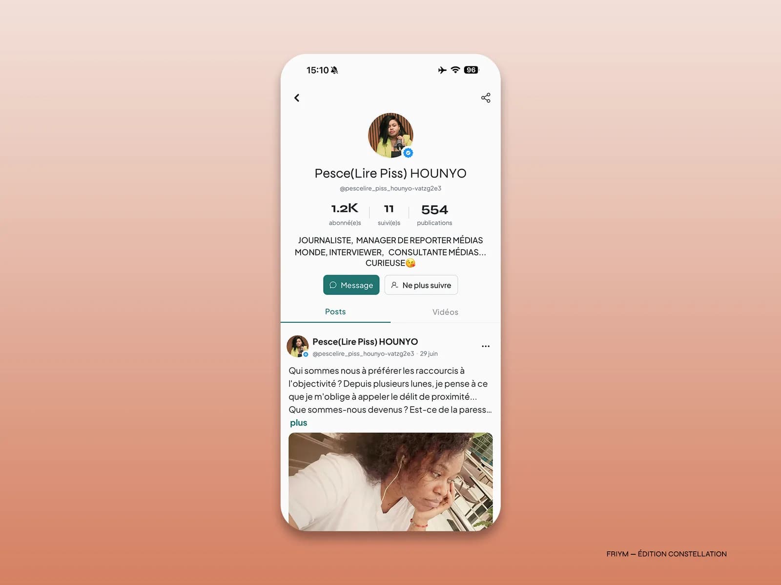 Page de profil personnel sur Friym