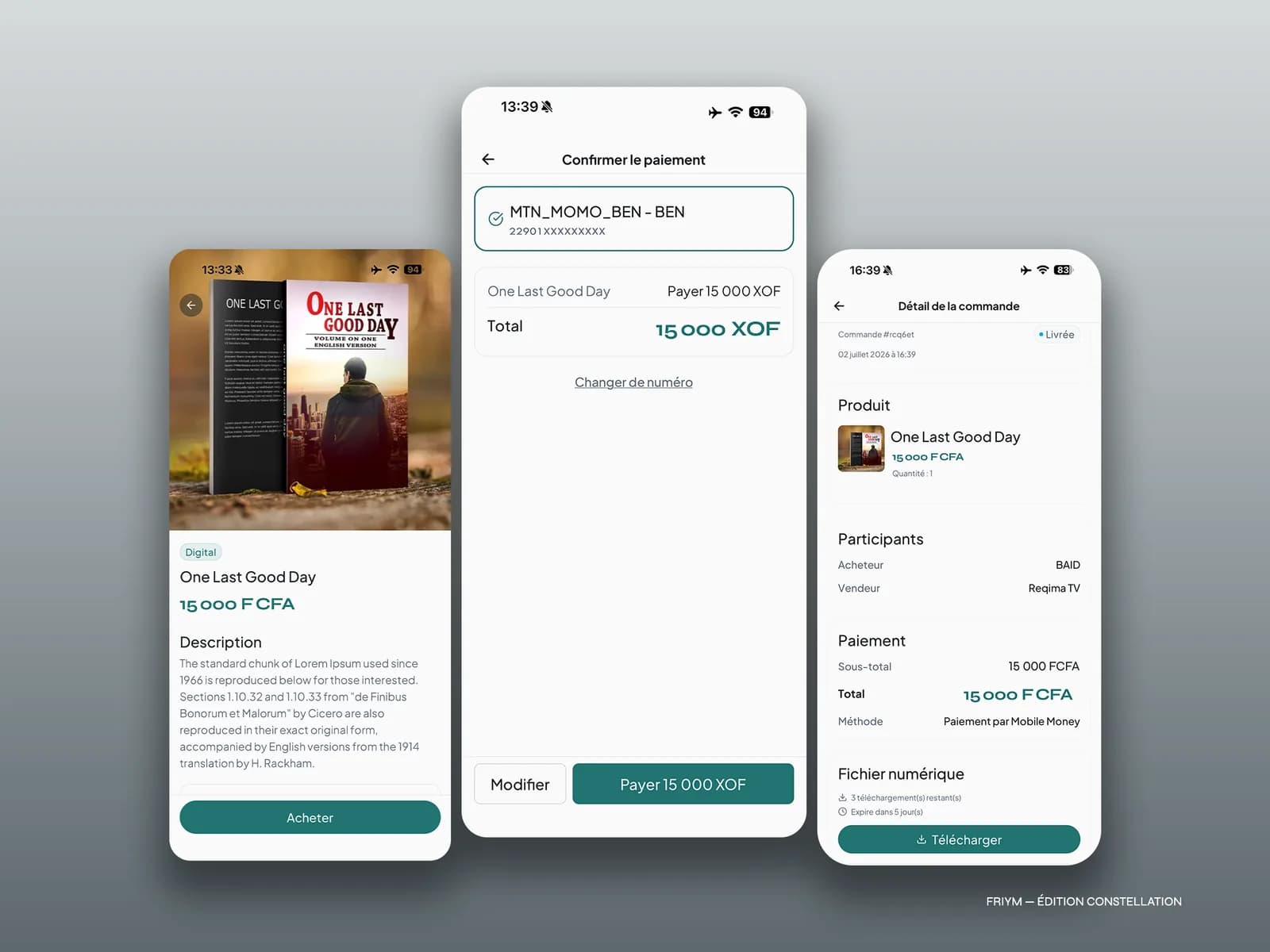 Le parcours d'achat Friym en trois étapes, jusqu'au paiement Mobile Money